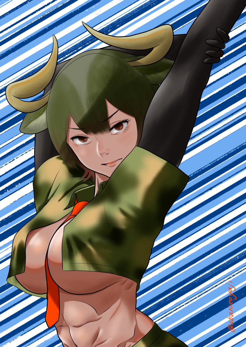 1girl abs absurdres aburaeoyaji animal_ears arms_up aurochs_(kemono_friends) between_breasts black_thighhighs breasts brown_eyes brown_hair camouflage camouflage_shirt closed_mouth cow_ears cow_horns cropped_shirt dark-skinned_female dark_skin double-parted_bangs elbow_gloves eyelashes gloves green_hair hand_on_own_arm highres horns kemono_friends large_breasts lips looking_at_viewer medium_hair midriff multicolored_hair navel necktie necktie_between_breasts no_bra outstretched_arm print_shirt red_necktie shirt short_sleeves solo speed_lines stomach thighhighs toned upper_body v-shaped_eyebrows yellow_horns