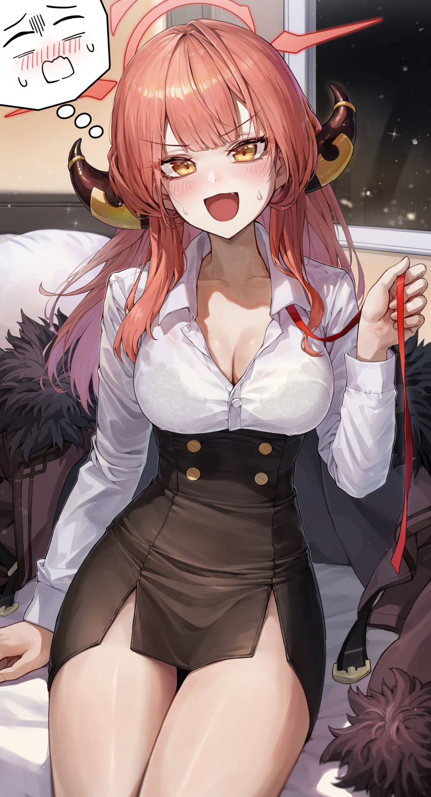 1girl absurdres aru_(blue_archive) black_skirt blue_archive bra_visible_through_clothes breasts brown_coat brown_horns cleavage coat demon_horns empty_eyes fur-trimmed_coat fur_trim halo high-waist_skirt highres horns kokukyukeo large_breasts light_smile looking_at_viewer neck_ribbon partially_unbuttoned pencil_skirt pink_hair ribbon shirt shirt_tucked_in sitting skirt sweat unworn_ribbon white_shirt