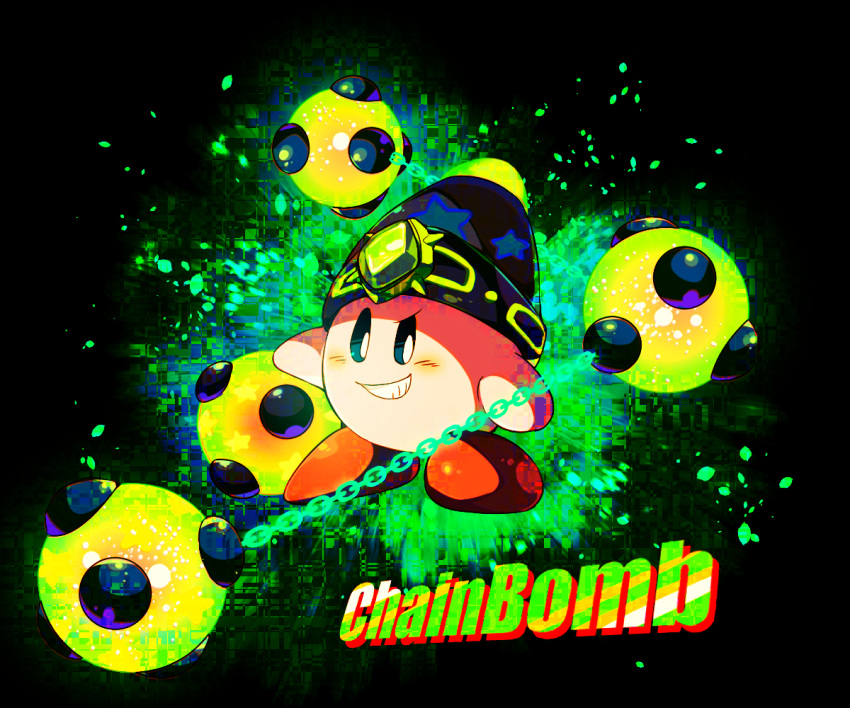 black_background black_headwear blue_eyes blush_stickers bomb bomb_kirby chain colored_skin commentary_request copy_ability english_text explosive forehead_jewel gem green_gemstone grin kirby kirby_(series) kirby_and_the_forgotten_land looking_at_viewer no_humans open_mouth petals pink_skin shirushiki smile solo teeth v-shaped_eyebrows