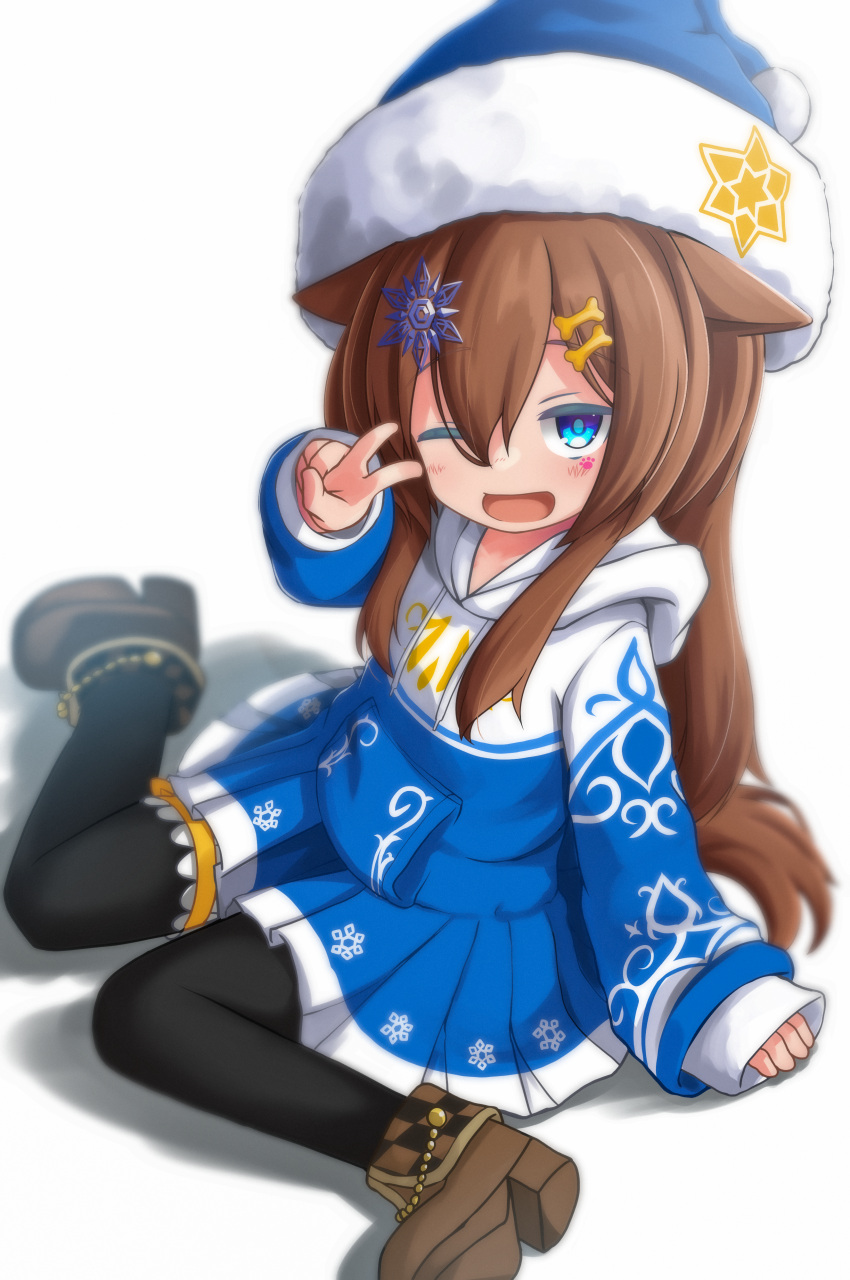 1girl ;d absurdres animal_ears black_pantyhose blue_eyes blue_headwear blue_hoodie bone_hair_ornament boots brown_footwear brown_hair dog_ears dog_girl dog_tail fuusuojisan hair_ornament hat highres hood hood_down hoodie long_hair long_hoodie long_sleeves looking_at_viewer one_eye_closed open_mouth pantyhose santa_hat sitting smile tail v vrchat