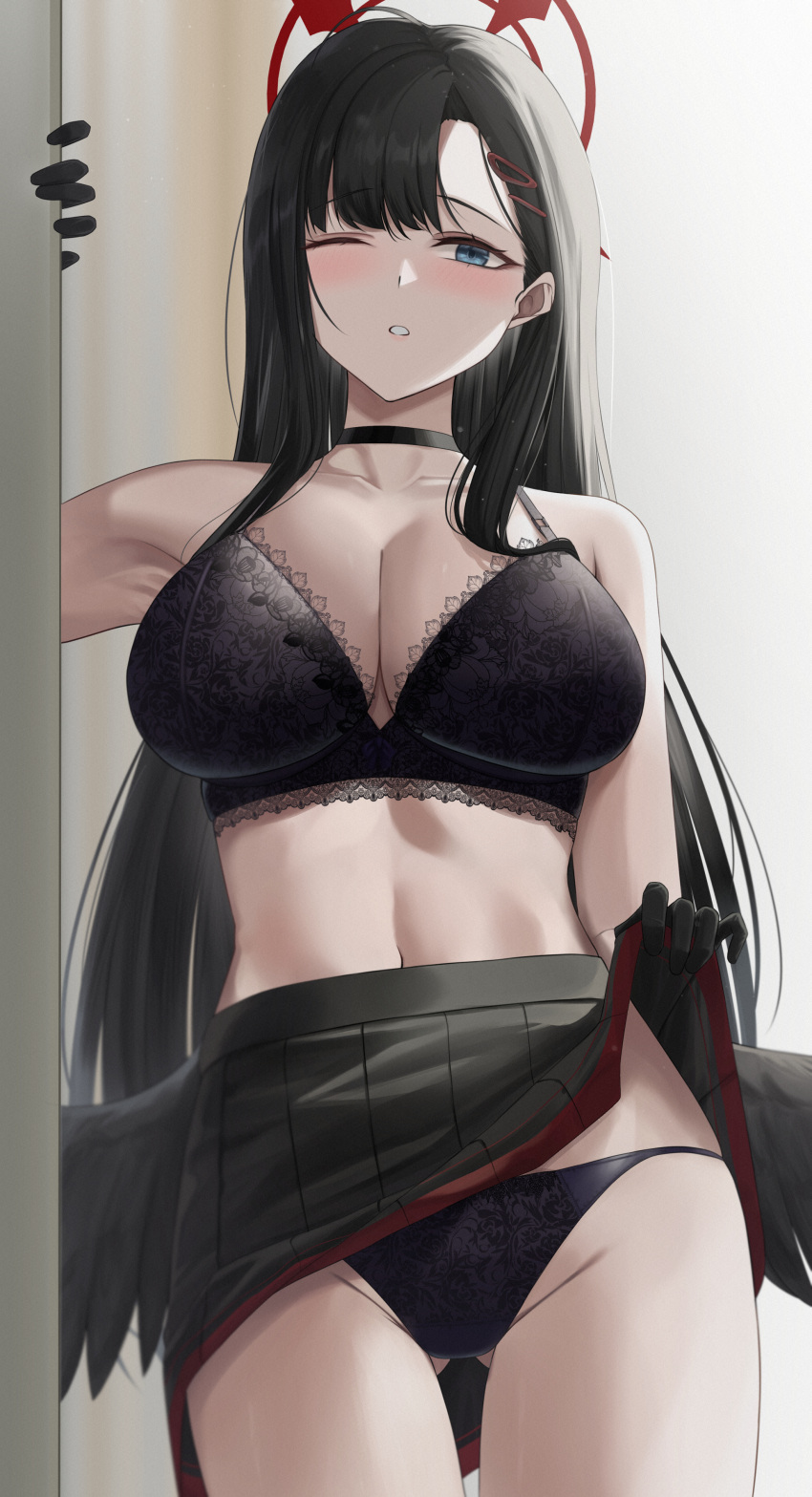 1girl absurdres bare_shoulders black_bra black_gloves black_hair black_panties black_skirt black_wings blue_archive blue_eyes blush bra breasts choker cleavage collarbone feathered_wings gloves hair_ornament hairclip halo highres ichika_(blue_archive) large_breasts long_hair navel one_eye_closed panties skirt solo thighs underwear wings yamikyon