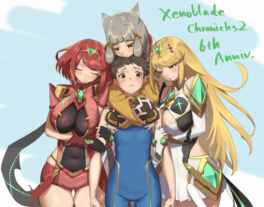 1boy 3girls animal_ears anniversary blonde_hair blue_background blush breasts brown_hair cat_ears cat_girl cleavage closed_eyes commentary_request core_crystal_(xenoblade) covered_navel english_text eyelashes grey_hair harem highres hug large_breasts long_hair monoi_daru multiple_girls mythra_(xenoblade) nia_(xenoblade) pyra_(xenoblade) red_hair rex_(xenoblade) short_hair side_slit skindentation smile thigh_gap tiara xenoblade_chronicles_(series) xenoblade_chronicles_2 yellow_eyes