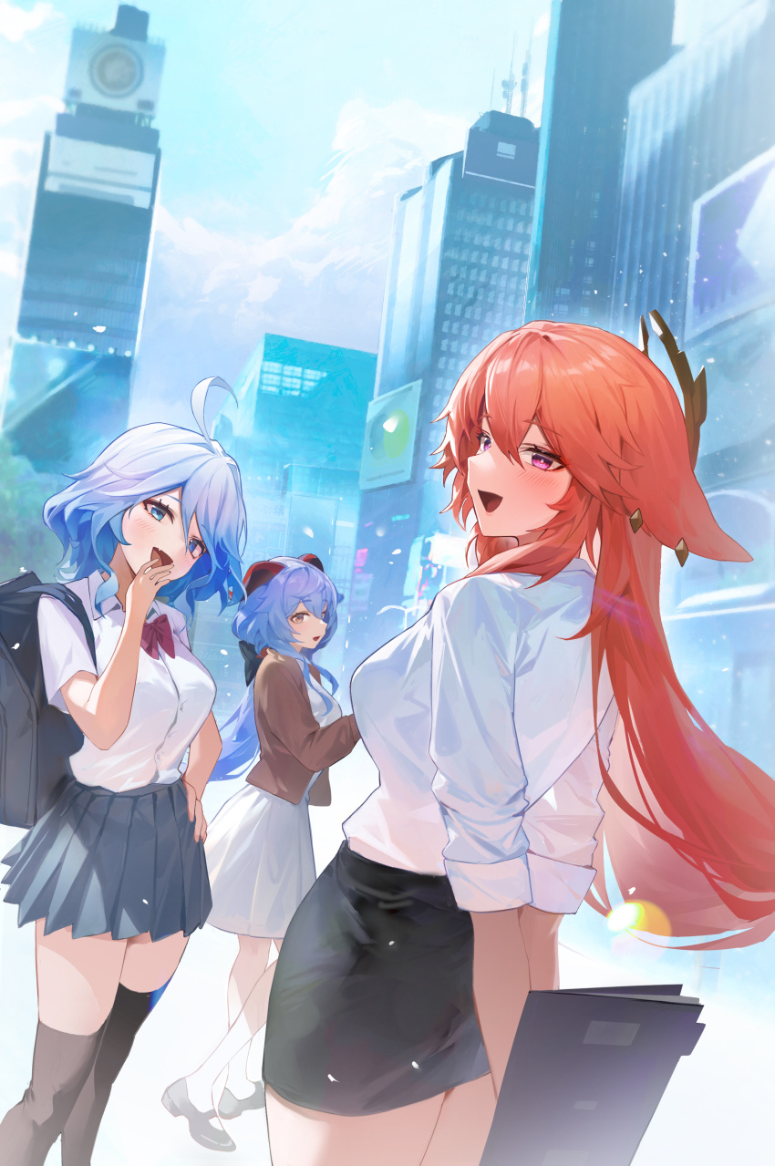 3girls absurdres ahoge arms_behind_back backpack bag blue_eyes blue_hair bow bowtie breasts cityscape contemporary floppy_ears from_behind furina_(genshin_impact) ganyu_(genshin_impact) genshin_impact hair_between_eyes hand_on_own_hip highres horns kawa683 long_hair looking_at_viewer looking_back medium_breasts miniskirt multiple_girls office_lady open_mouth outdoors pencil_skirt pink_hair pleated_skirt purple_eyes school_uniform shirt_tucked_in skirt smile yae_miko