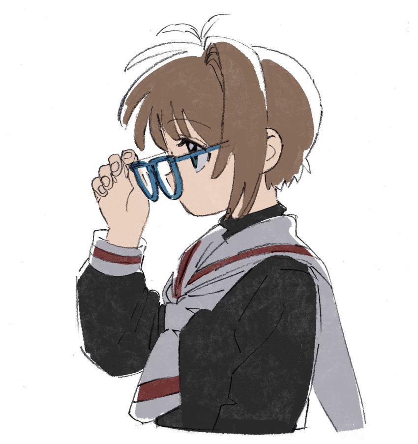 1girl blue-framed_eyewear brown_hair cardcaptor_sakura child glasses highres kinomoto_sakura nnn-ollll removing_eyewear sailor_collar school_uniform short_hair simple_background solo tomoeda_elementary_school_uniform white_background white_sailor_collar