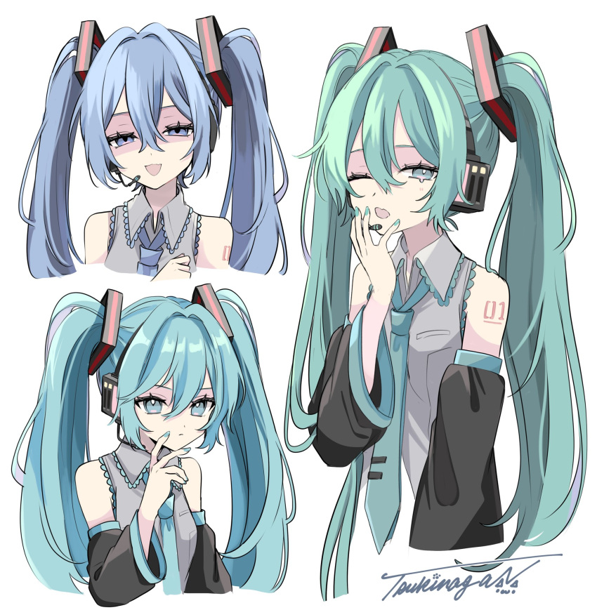 1girl aqua_eyes aqua_hair aqua_nails aqua_necktie black_sleeves blue_eyes blue_hair blue_necktie closed_mouth collared_shirt commentary_request cropped_torso detached_sleeves grey_shirt hair_between_eyes hair_ornament half-closed_eyes hand_up hatsune_miku headphones highres long_hair long_sleeves looking_at_viewer microphone multiple_views naguno-0713 necktie one_eye_closed open_mouth shirt shoulder_tattoo simple_background sleeveless sleeveless_shirt tattoo twintails upper_body vocaloid white_background yawning
