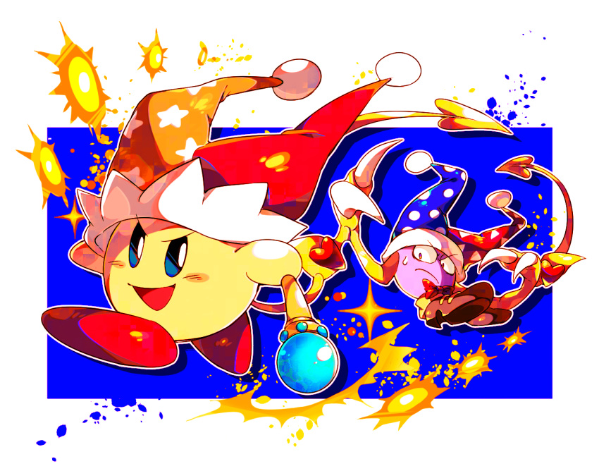 beam_kirby blue_background blue_eyes blue_headwear blush_stickers boots border bow bowtie brown_footwear claws closed_mouth colored_skin commentary_request copy_ability frown fur-trimmed_headwear fur_trim hat heart holding holding_wand jester_cap kirby kirby_(series) looking_at_another magic marx_(kirby) no_humans open_mouth orange_headwear petals polka_dot_headwear pom_pom_(clothes) purple_eyes purple_skin red_bow red_bowtie red_footwear red_headwear shadow shirushiki shoes smile star_(symbol) star_print sweatdrop traditional_bowtie triangle_print two-tone_background two-tone_headwear v-shaped_eyebrows wand white_background white_border yellow_skin yellow_wings