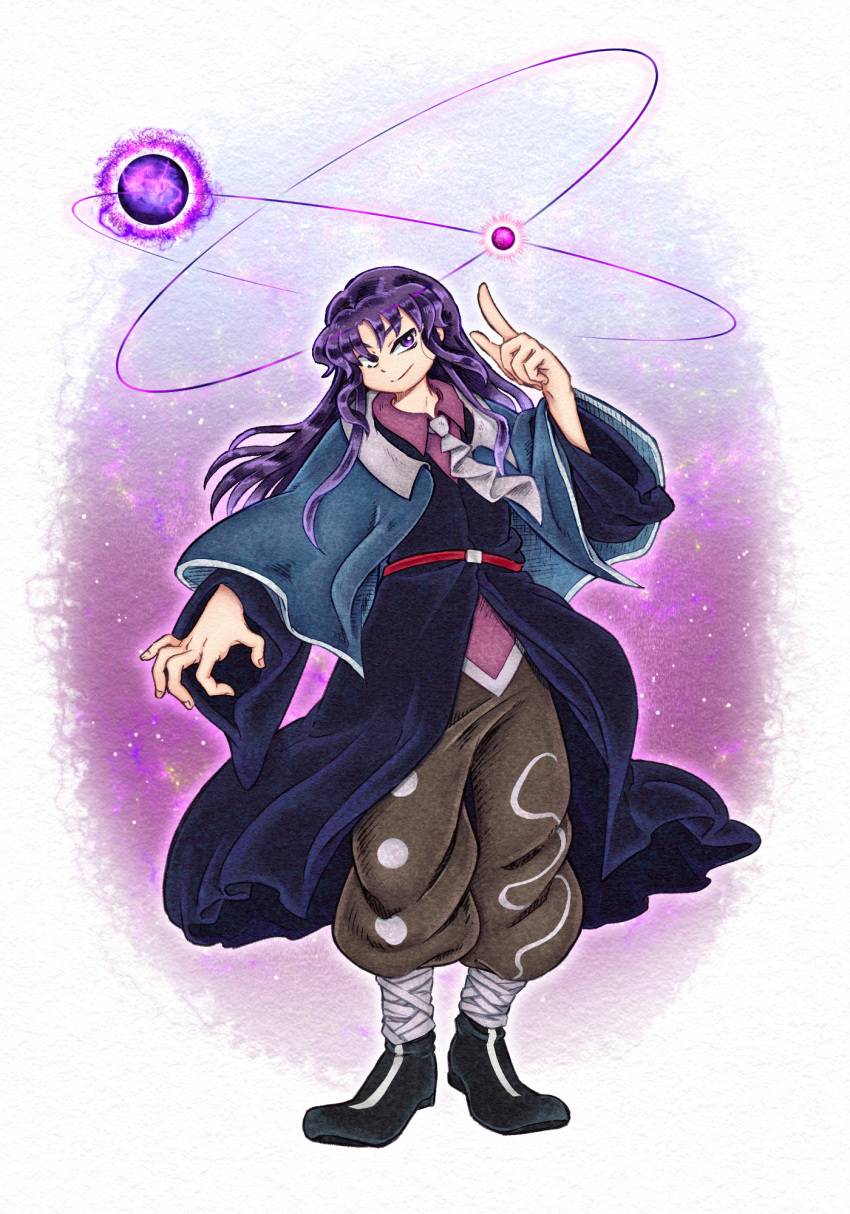 1other androgynous arm_up bandaged_leg bandages black_coat black_footwear blue_capelet brown_pants capelet chikafumikou clause closed_mouth coat collared_shirt commentary full_body grey_necktie highres len'en long_hair necktie other_focus pants pink_shirt purple_eyes purple_hair shirt smile solo standing