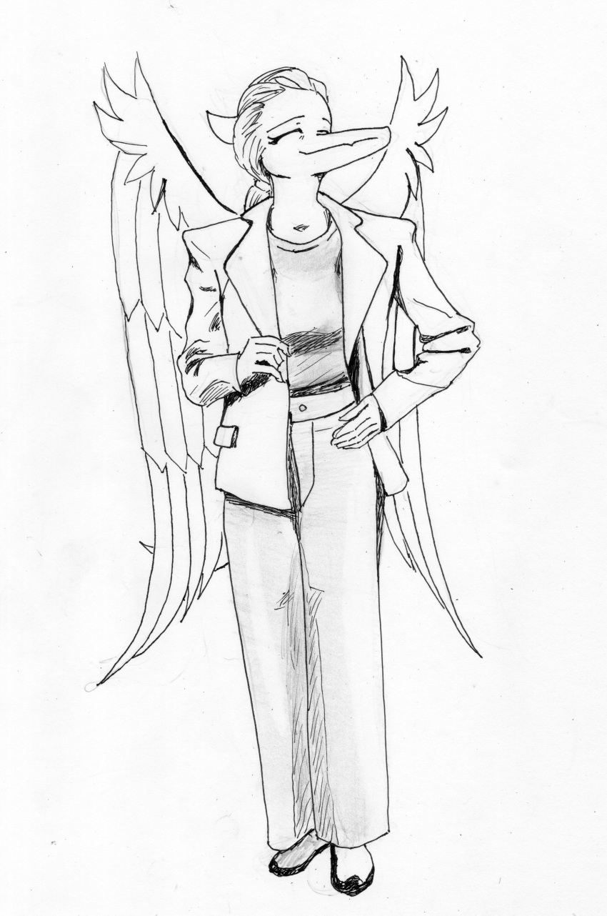 2023 5_fingers absurd_res anthro big_wings blazer bone_frill bottomwear clothing eyes_closed feathered_wings feathers female fingers footwear frill_(anatomy) hair hand_on_hip hi_res jacket long_tail monochrome pants plantigrade ponytail pterodactylus pterosaur reptile samantha_(snoot_game) scalie shirt shoes shyny48941006 simple_background slacks smile snoot_game snout solo standing tail topwear traditional_media_(artwork) wings