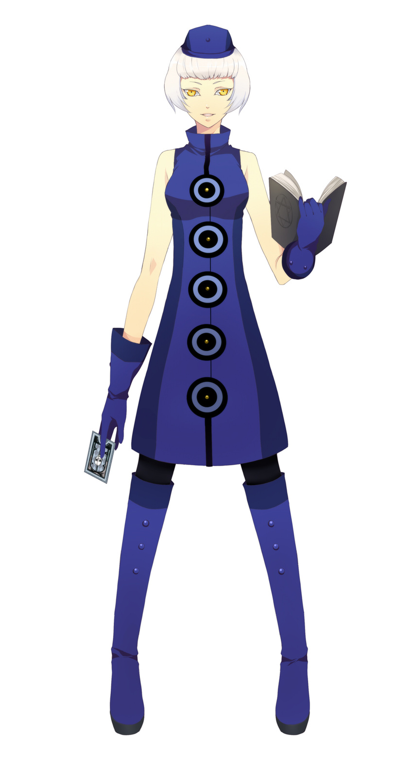 bad_id bad_pixiv_id banned_artist bare_shoulders book boots card dress elizabeth_(persona) gloves harano hat highres holding holding_card pantyhose persona persona_3 short_hair sleeveless solo white_hair yellow_eyes