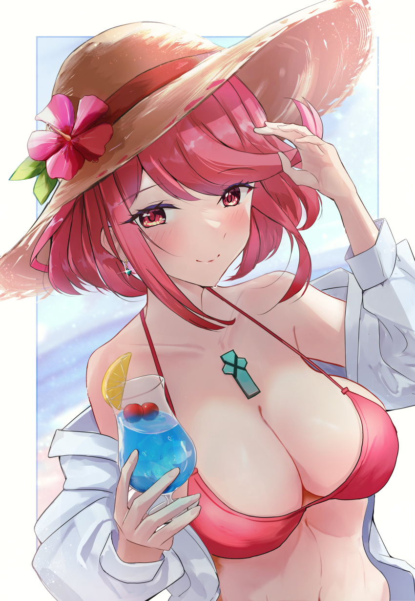 1girl absurdres alternate_costume beach bikini blue_hawaii blue_sky blush breasts brown_headwear cherry chest_jewel cleavage cloud cocktail core_crystal_(xenoblade) cup drink drinking_glass drop_earrings earrings flower food fruit hat hat_flower hibiscus highres ice ice_cube jewelry karuushi large_breasts lemon lemon_slice looking_at_viewer pyra_(xenoblade) red_bikini red_eyes red_hair shirt short_hair sky smile solo spaghetti_strap straw_hat sun_hat swept_bangs swimsuit white_shirt xenoblade_chronicles_(series) xenoblade_chronicles_2