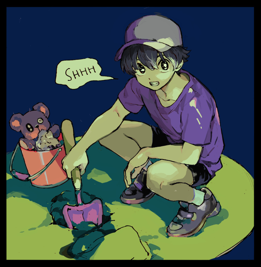 1boy ankle_socks baseball_cap black_eyes black_hair blue_background bucket child digging grin hat highres holding holding_shovel jaemin107 looking_at_viewer male_focus original purple_shirt sand shirt shoes short_hair short_sleeves shorts shovel smile sneakers socks solo speech_bubble squatting stuffed_animal stuffed_toy t-shirt teddy_bear