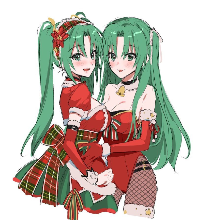 2girls bow breasts christmas dress fishnet_pantyhose fishnets gloves green_bow green_eyes green_hair highres higurashi_no_naku_koro_ni leotard long_hair looking_at_viewer looking_back multiple_girls nonanonnon6u6 pantyhose plaid plaid_bow playboy_bunny red_bow red_dress red_gloves red_leotard red_sleeves sketch smile sonozaki_mion sonozaki_shion very_long_hair white_background