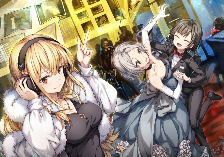 3girls :d album_cover arm_up bare_shoulders black_footwear black_hair black_jacket black_pants black_shirt blonde_hair bow bowtie breasts cleavage closed_eyes collared_shirt cover dancing denonbu dress elbow_gloves fur-trimmed_jacket fur_trim gloves green_eyes grey_dress grey_hair haijima_ginka hand_on_another's_arm hand_on_headphones hand_up holding_hands index_finger_raised jacket jewelry kurogane_tama large_breasts long_hair long_sleeves looking_at_viewer medium_breasts multiple_girls necklace open_mouth pants people red_bow red_bowtie red_eyes shirokane_aki shirt shoes short_hair smile standing standing_on_one_leg suit tauyuki_saema white_gloves white_jacket white_shirt
