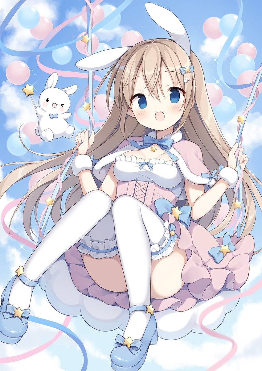&gt;_o 1girl :d ;d animal_ears balloon blue_bow blue_eyes blue_footwear blue_sky bow breasts brown_hair capelet cloud commentary_request day frilled_skirt frilled_thighhighs frills hair_between_eyes hair_bow hair_ornament hairclip hands_up highres izuminanase looking_at_viewer medium_breasts one_eye_closed original outdoors pink_capelet pink_skirt rabbit_ears rabbit_hair_ornament shoes skirt sky smile solo star_(symbol) star_hair_ornament swing thighhighs white_thighhighs