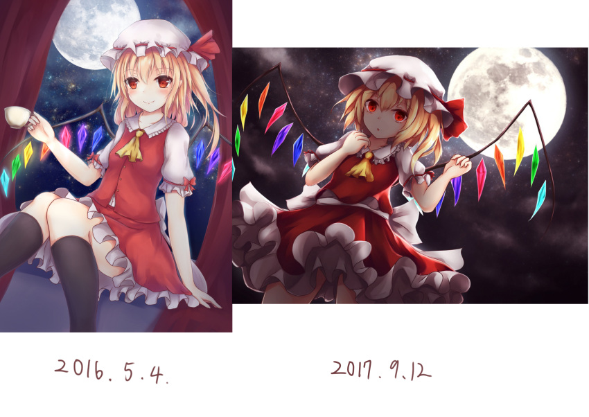 1girl absurdres artist_progress ascot back_bow black_socks blonde_hair bow breasts buttons closed_mouth collarbone collared_shirt cowboy_shot cup curtains dated feet_out_of_frame flandre_scarlet frilled_shirt_collar frilled_skirt frills full_moon glowing glowing_wings hair_between_eyes hat highres holding holding_cup kashiwagi_yamine kneehighs light_smile looking_at_viewer medium_hair mob_cap moon multicolored_wings one_side_up puffy_short_sleeves puffy_sleeves red_curtains red_eyes red_ribbon red_skirt red_vest ribbon ribbon-trimmed_headwear ribbon_trim shirt short_sleeves skirt skirt_set sleeve_ribbon small_breasts socks solo teacup touhou vest white_bow white_headwear white_shirt wings yellow_ascot