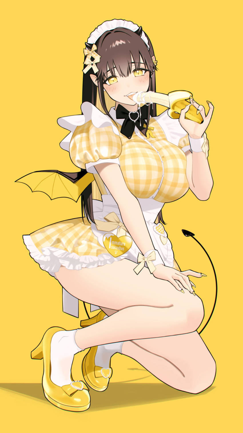 absurdres banana bare_legs black_bow black_bowtie blush bow bowtie breasts brown_hair checkered_clothes checkered_dress commentary cream demon_girl demon_horns demon_tail demon_wings dress ear_bow eating food frilled_dress frills fruit full_body hair_between_eyes hand_on_own_thigh high_heels highres holding holding_food holding_fruit horns jewelry kneeling large_breasts legs licking long_hair looking_at_viewer maid_headdress nagata_shuu original puffy_short_sleeves puffy_sleeves shoes short_dress short_sleeves sidelocks simple_background slit_pupils socks straight_hair tail tareme teeth tiptoes tongue tongue_out upper_teeth_only white_socks wings wrist_cuffs yellow_background yellow_bow yellow_dress yellow_eyes yellow_footwear yellow_nails yellow_theme