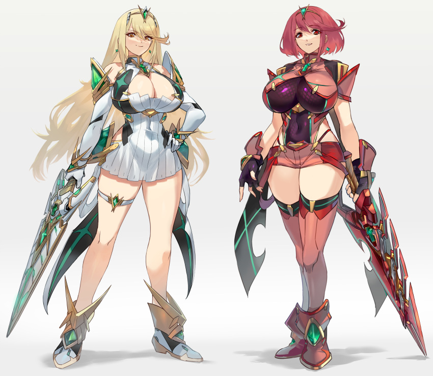 2girls absurdres aegis_sword_(xenoblade) bare_shoulders blonde_hair breasts chest_jewel cleavage covered_navel dress earrings fingerless_gloves gem gloves hand_on_own_hip headpiece highres holding holding_sword holding_weapon jewelry large_breasts long_hair looking_at_viewer multiple_girls mythra_(xenoblade) negresco pyra_(xenoblade) red_eyes red_hair short_hair swept_bangs sword thighhighs thighs tiara weapon xenoblade_chronicles_(series) xenoblade_chronicles_2