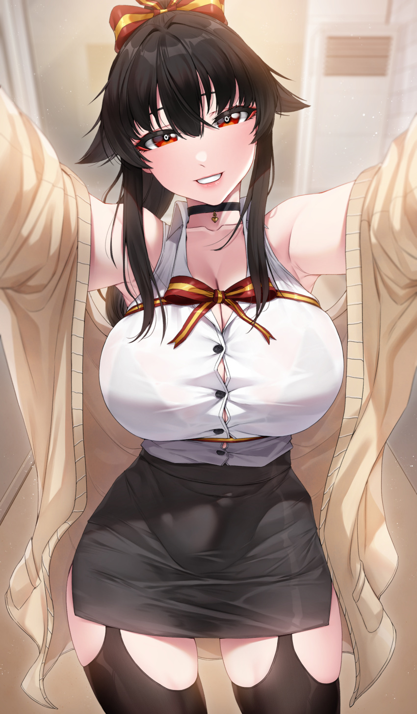 1girl absurdres akchu bare_shoulders black_hair blush breasts bursting_breasts button_gap buttons chobi_(akchu) choker cleavage hair_between_eyes hair_ribbon highres huge_breasts long_hair original outstretched_arms red_eyes ribbon shirt sidelocks smile thighhighs thighs undersized_clothes white_shirt wide_hips