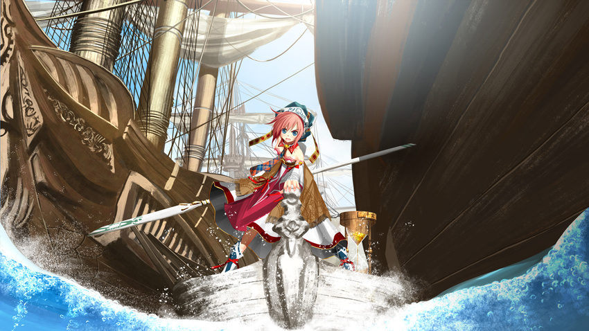 blue_eyes boat fantasy hat kouji_(astral_reverie) original polearm red_hair ship solo spear water watercraft weapon