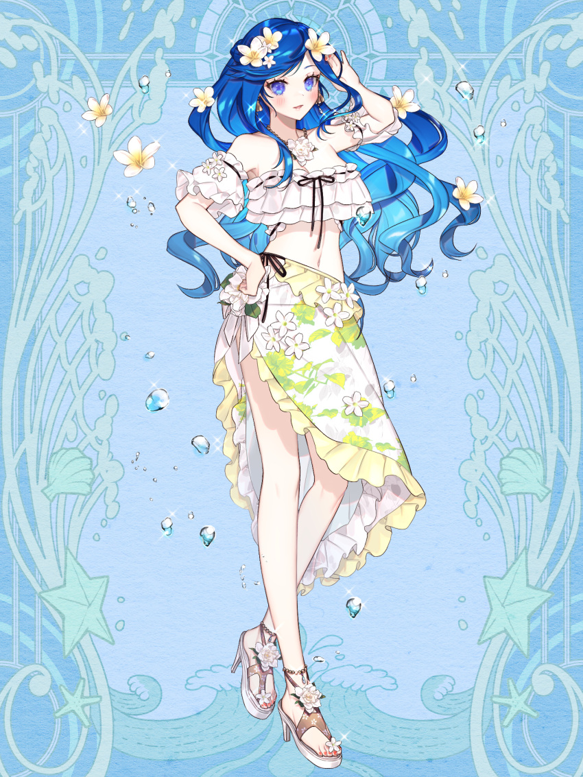 1girl aoi_fujimiya bead_anklet blue_background blue_eyes blush dairoku_ryouhei detached_sleeves earrings floral_print flower full_body hair_flower hair_ornament hand_on_own_head hand_up high_heels highres jewelry long_hair looking_at_viewer navel necklace red_nails sandals shichimi smile solo standing toeless_legwear very_long_hair water_drop white_footwear