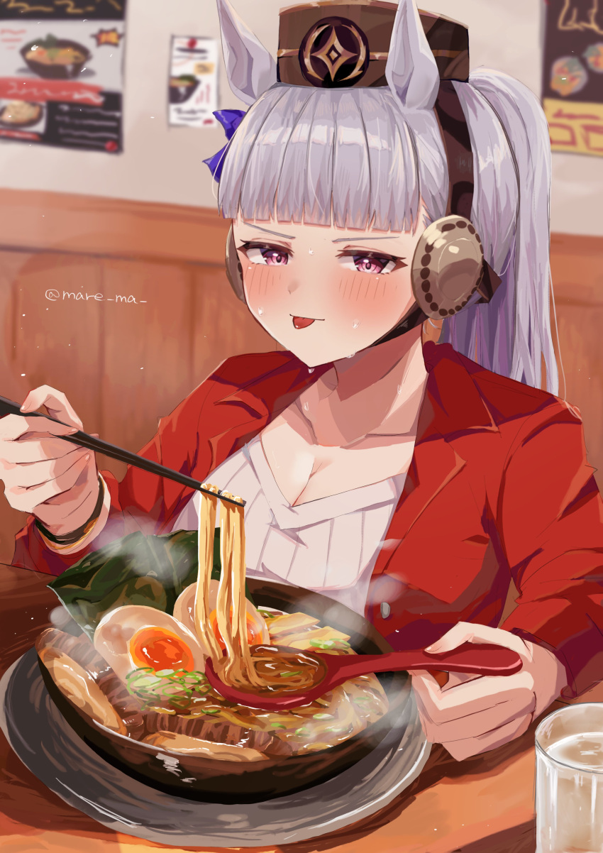 1girl absurdres animal_ears blush bow bowl breasts brown_headwear cleavage commentary_request ear_bow eating egg food glass gold_ship_(umamusume) grey_hair highres holding holding_spoon horse_ears horse_girl indoors jacket large_breasts looking_at_viewer mare_ma noodles pillbox_hat plate ponytail purple_bow purple_eyes ramen red_jacket sitting solo spoon sweat sweater tongue tongue_out twitter_username umamusume upper_body watch white_sweater wristwatch