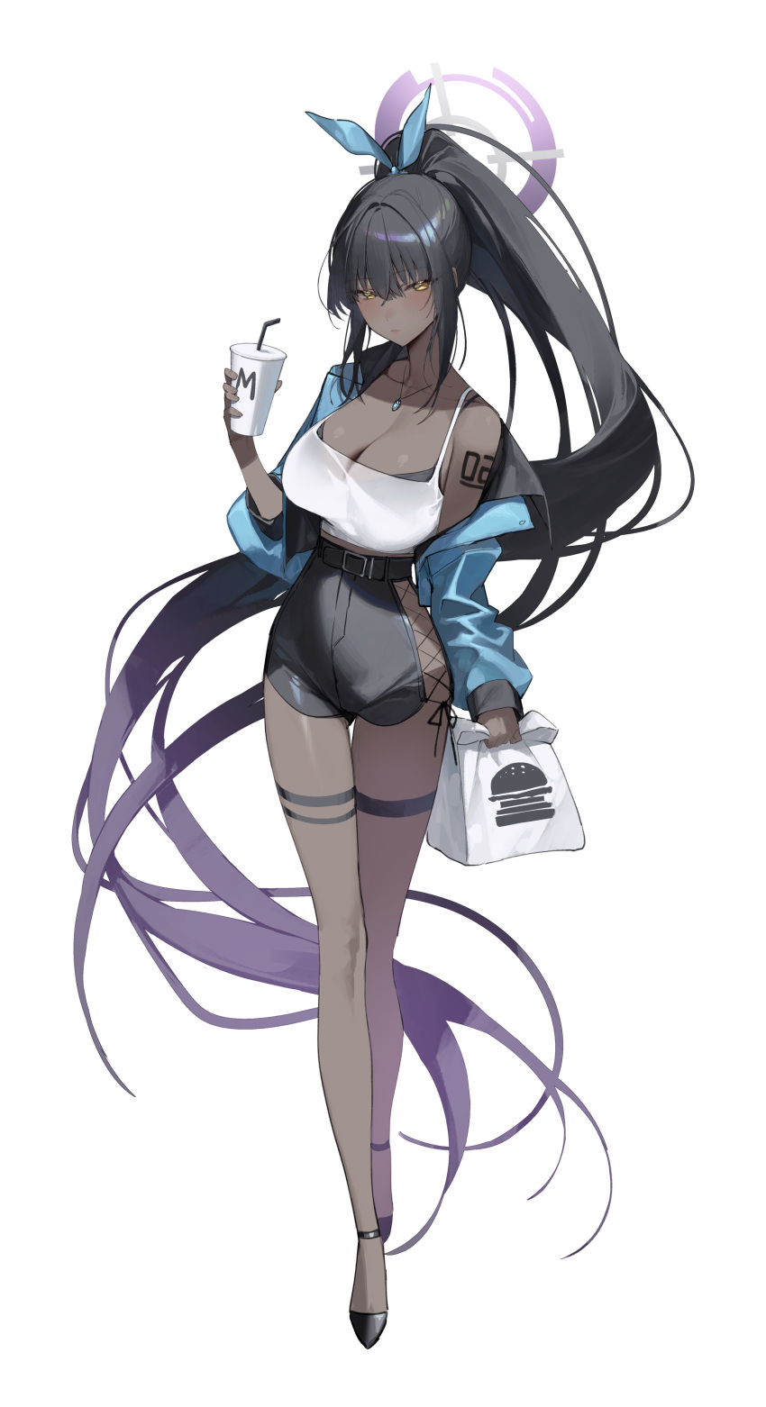 absurdres asuna_(blue_archive) black_bra black_footwear black_hair black_skirt blue_archive blue_eyes blue_halo blue_shorts blush bra breasts camisole cleavage closed_mouth dark-skinned_female dark_skin denim denim_shorts drink drinking_straw fishnet_pantyhose fishnets g5_(g5_gugu) hair_between_eyes hair_over_one_eye halo high_heels highres holding holding_drink jewelry karin_(blue_archive) large_breasts light_brown_hair long_hair looking_at_viewer pantyhose pendant purple_halo see-through shorts simple_background skirt spaghetti_strap underwear white_background white_camisole yellow_eyes