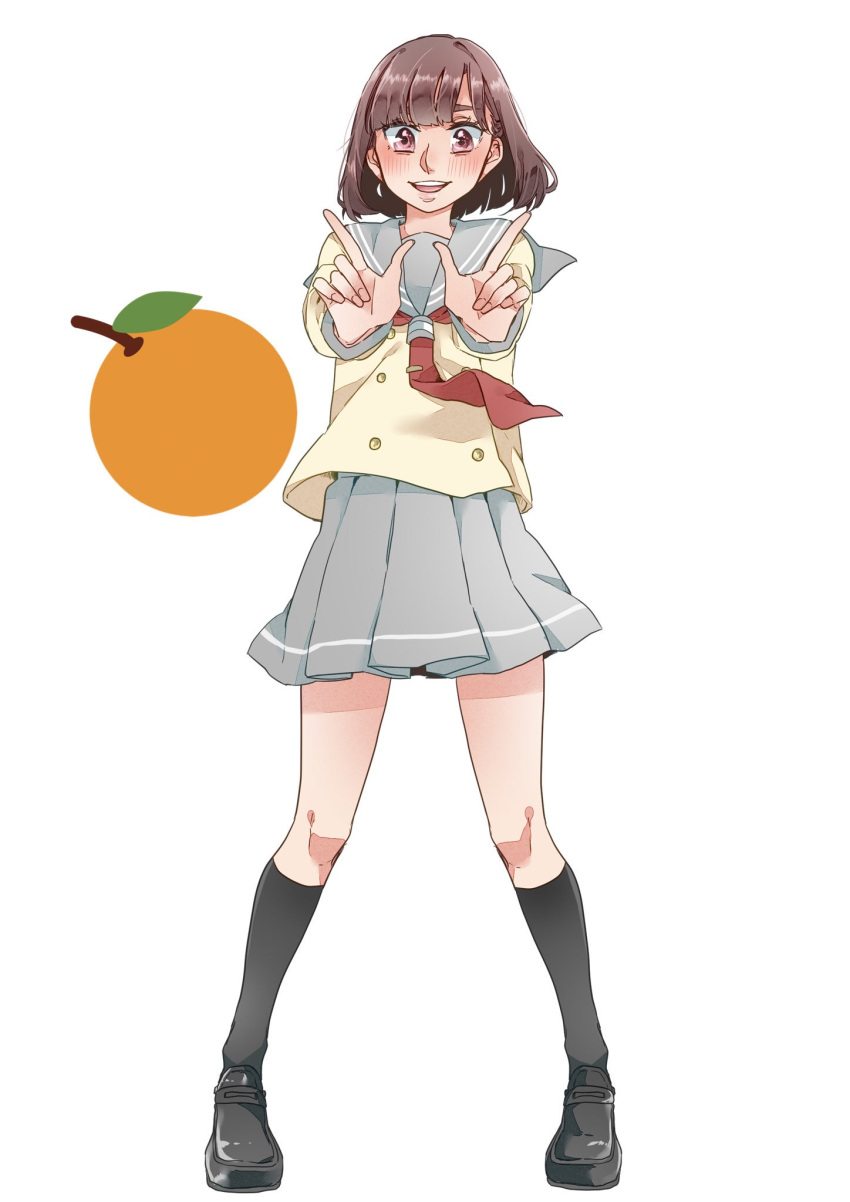 1girl black_footwear black_socks blunt_bangs brown_eyes brown_hair commentary_request earrings food fruit full_body grey_skirt highres inami_anju index_finger_raised jewelry kashikaze kneehighs loafers long_sleeves looking_at_viewer love_live! love_live!_sunshine!! mandarin_orange medium_hair neckerchief open_mouth pleated_skirt real_life red_neckerchief red_sailor_collar sailor_collar school_uniform serafuku shirt shoes simple_background skirt socks solo takami_chika teeth upper_teeth_only uranohoshi_school_uniform voice_actor voice_actor_connection white_background yellow_shirt