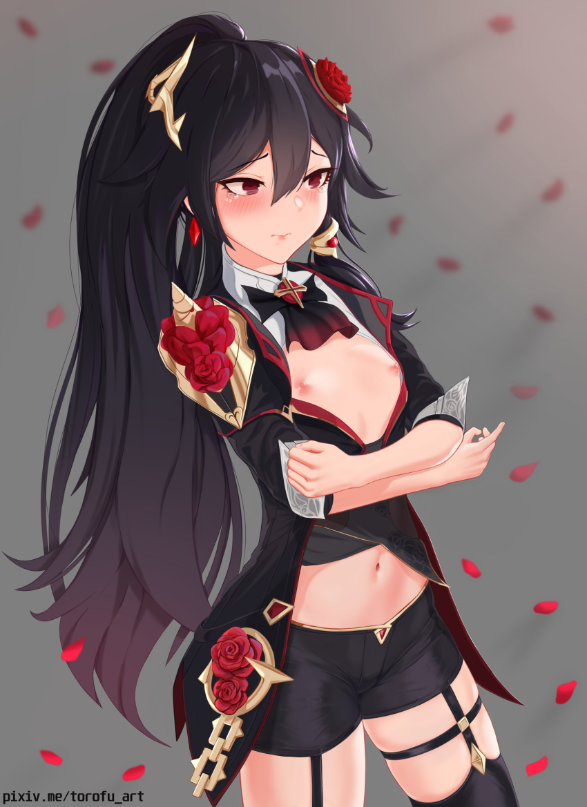 1girl absurdres alternate_costume belly black_hair black_thighhighs blush breasts clenched_hands closed_mouth dress flower fu_hua fu_hua_(blood_voivode) fu_hua_(shadow_knight) garter_straps hair_between_eyes hair_flower hair_ornament high_ponytail highres honkai_(series) honkai_impact_3rd long_hair long_sleeves looking_at_viewer navel nipples official_alternate_costume ponytail red_eyes red_flower rose small_breasts solo thighhighs thighs torofu vampire watermark web_address