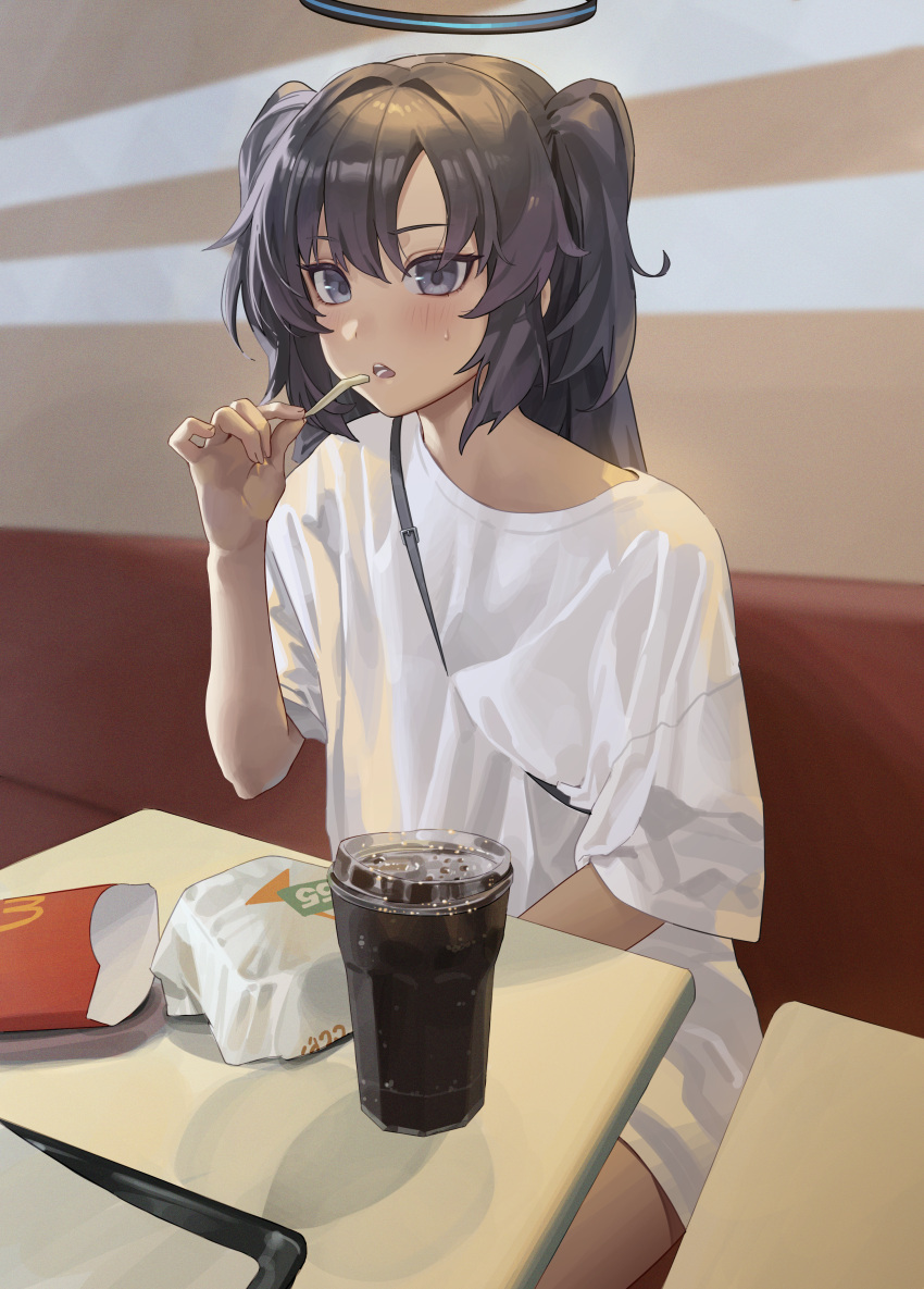 1girl absurdres alternate_costume bag blue_archive blush casual cup dance_arm disposable_cup dress_shirt eating fast_food food french_fries halo highres holding indoors long_hair looking_at_viewer mechanical_halo open_mouth purple_eyes purple_hair shirt shoulder_bag sitting sweatdrop table two_side_up yuuka_(blue_archive)