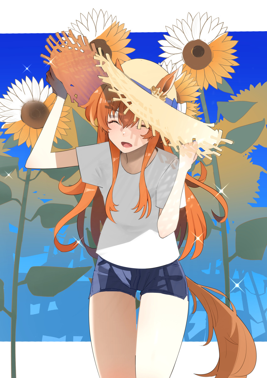 1girl absurdres alternate_costume animal_ears blue_shorts blush closed_eyes commission cowboy_shot ear_ornament ears_through_headwear flower hat highres horse_ears horse_girl horse_tail jitome_no_tsugumi mayano_top_gun_(umamusume) open_mouth shirt short_sleeves shorts solo straw_hat sunflower tail thigh_gap two_side_up umamusume white_shirt