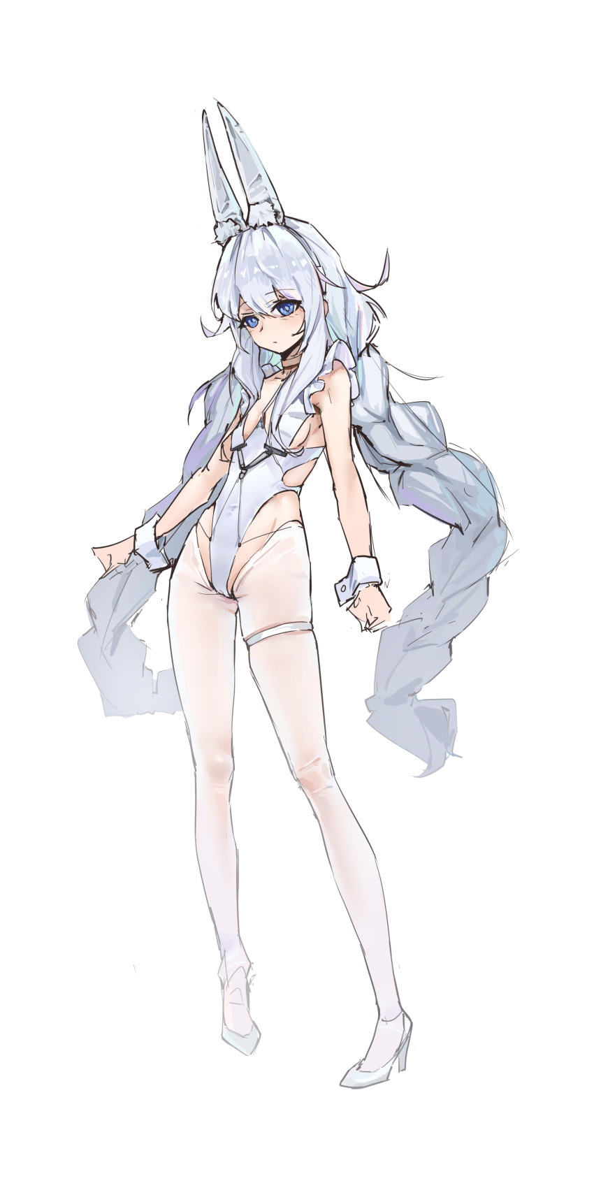 1girl absurdres azur_lane bags_under_eyes blue_eyes braid breasts cameltoe chinese_commentary closed_mouth commentary_request covered_navel full_body grey_hair high_heels highres le_malin_(azur_lane) le_malin_(listless_lapin)_(azur_lane) leotard long_hair low_twin_braids nontraditional_playboy_bunny official_alternate_costume pantyhose pigeon-toed simple_background sketch small_breasts solo standing thigh_strap twin_braids very_long_hair white_background white_footwear white_leotard white_pantyhose woshinizufu wrist_cuffs