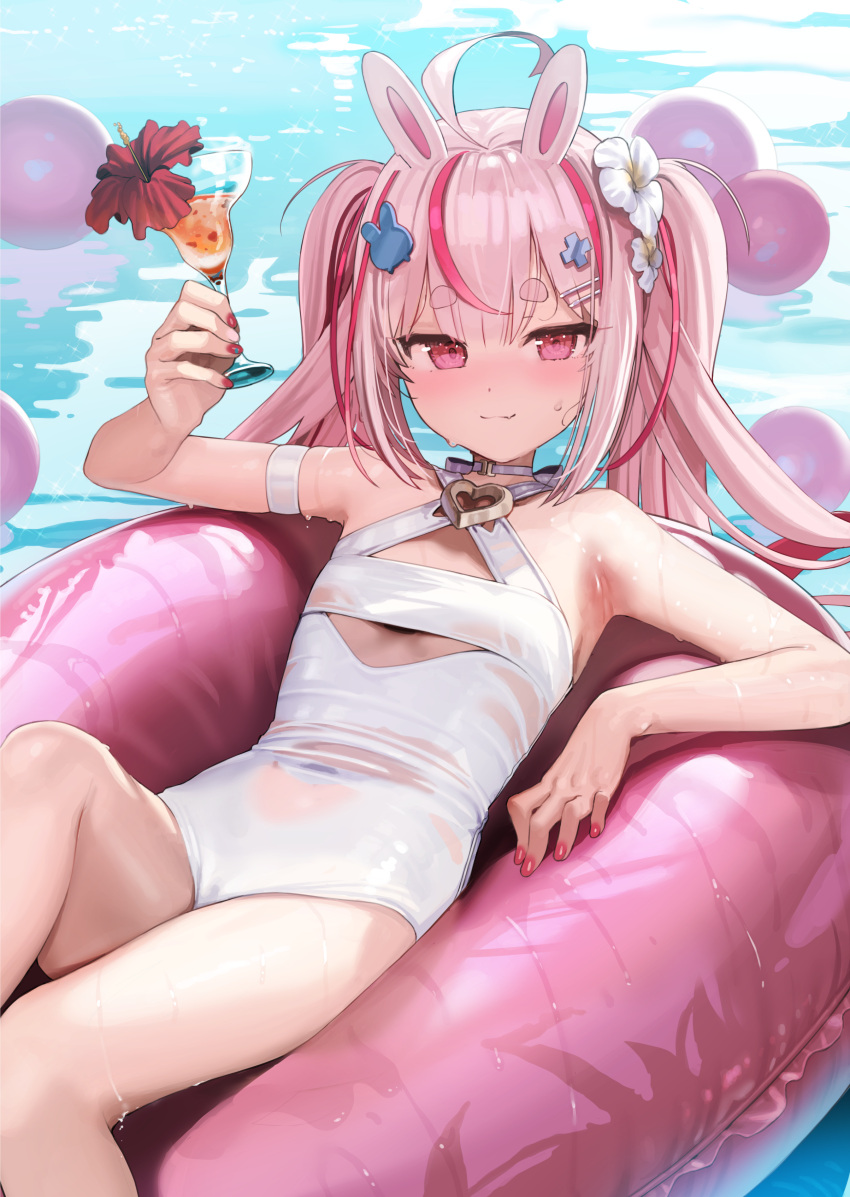 1girl absurdres ahoge animal_ears arm_strap armpits bare_arms bare_shoulders breasts closed_mouth cocktail_glass commentary cowboy_shot criss-cross_halter cup drinking_glass flower hair_flower hair_ornament hairclip halterneck highres holding holding_cup indie_virtual_youtuber innertube jitome kanzarin looking_at_viewer lying multicolored_hair nail_polish on_back on_innertube pink_eyes pink_hair rabbit_ears rabbit_hair_ornament red_nails see-through small_breasts smile solo streaked_hair thick_eyebrows tomari_mari twintails two-tone_hair virtual_youtuber water wet white_swimsuit