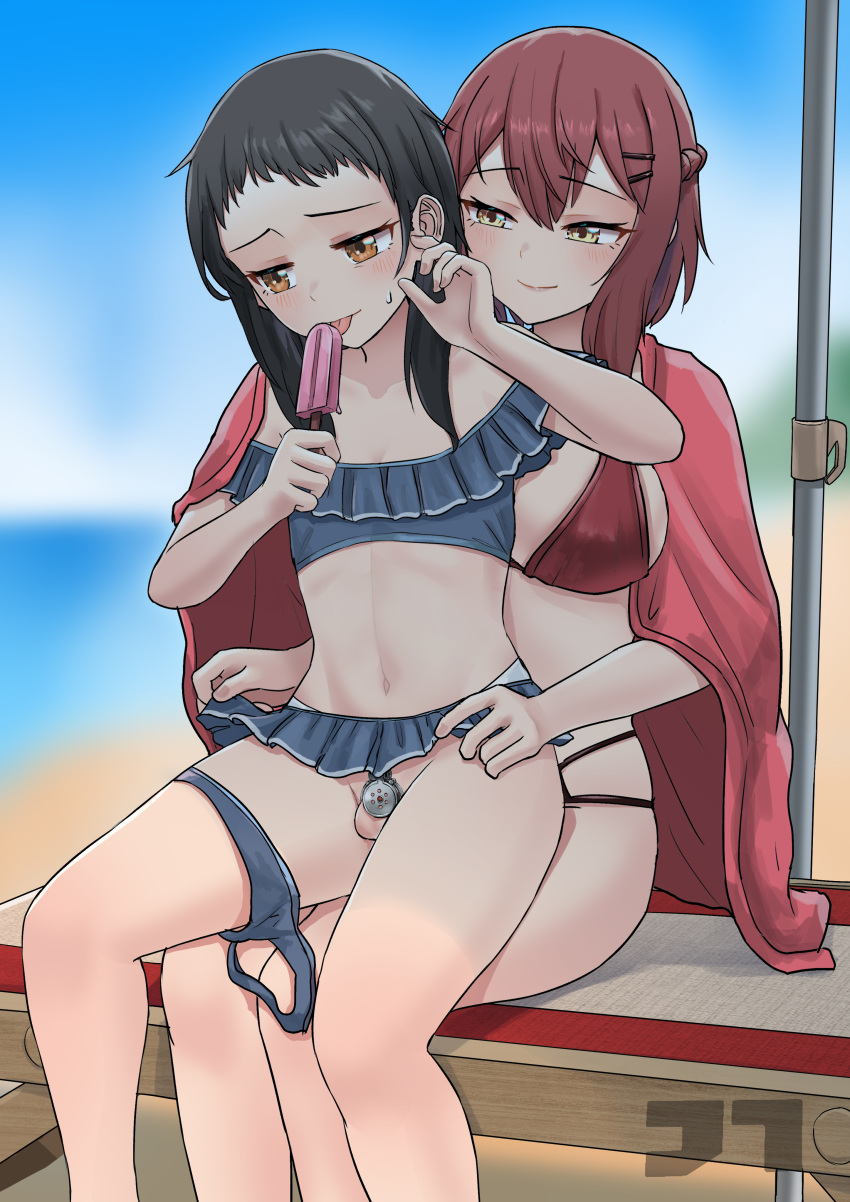 1boy 1girl absurdres artist_name bikini black_hair blue_one-piece_swimsuit blue_sky blurry blurry_background blush braid breasts chastity_cage crossdressing feet_out_of_frame femdom flat_chastity_cage food french_braid hair_ornament hairclip highres holding holding_food holding_ice_cream ice_cream jtleeklm lips long_hair looking_at_another looking_down medium_breasts one-piece_swimsuit orange_eyes original otoko_no_ko parted_lips red_bikini red_hair sitting sitting_on_person sky smile sweatdrop swimsuit tongue yellow_eyes