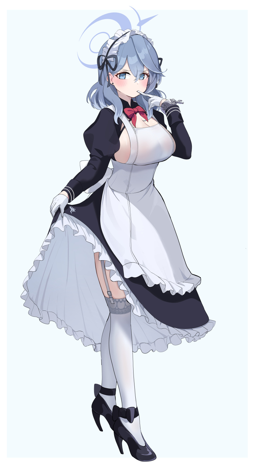 1girl absurdres ako_(blue_archive) alternate_costume apron black_dress black_footwear blue_archive blue_eyes blue_hair blue_halo blush breasts dress enmaided frilled_apron frills full_body gloves hair_between_eyes halo high_heels highres inapple juliet_sleeves large_breasts long_hair long_sleeves looking_at_viewer maid maid_apron maid_headdress puffy_sleeves sideboob solo thighhighs white_apron white_gloves white_thighhighs