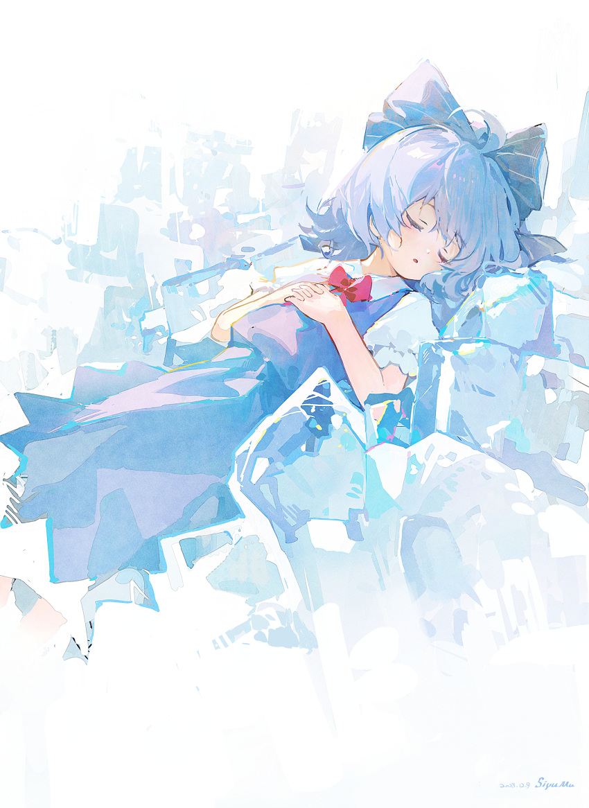 1girl ahoge blue_bow blue_dress blue_eyes blue_hair bow cirno closed_eyes collared_shirt dress hair_bow hands_on_own_stomach highres ice parted_lips shirt short_hair short_sleeves siyumu sleeping solo touhou