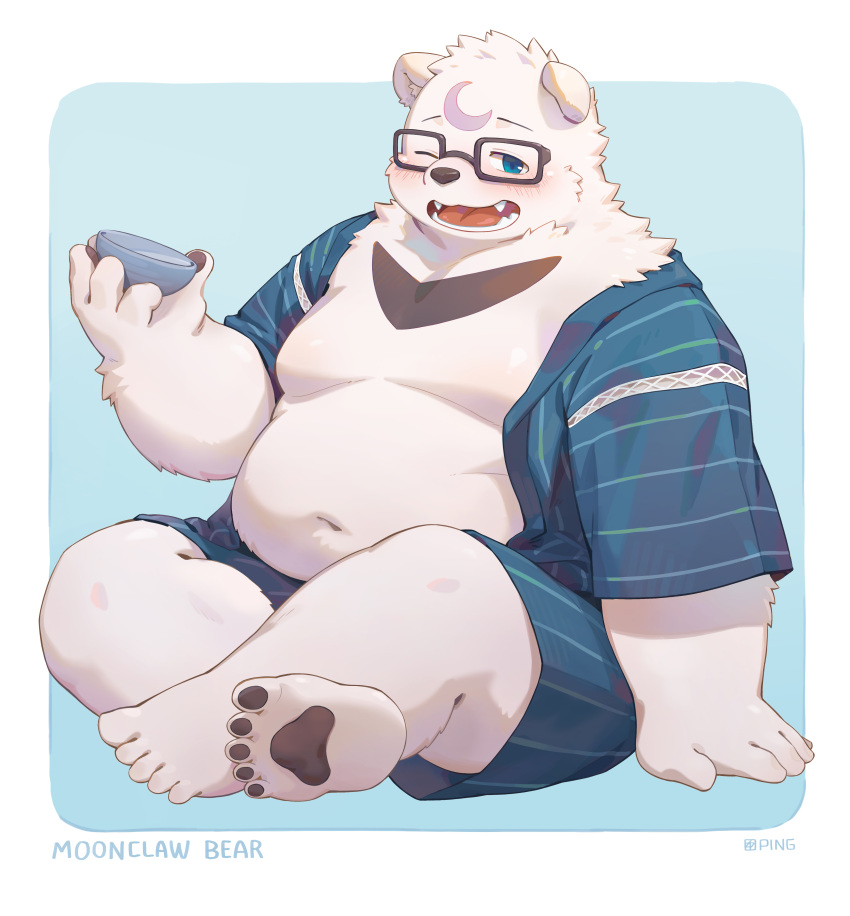 2023 absurd_res anthro bear belly big_belly blush eyewear fur glasses hi_res humanoid_hands kemono male mammal moobs navel nipples overweight overweight_male seamonsterping simple_background sitting solo white_body white_fur
