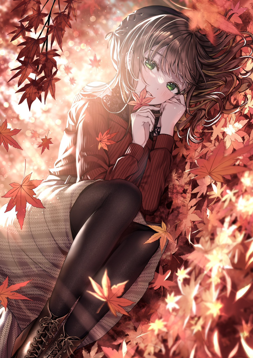 1girl autumn_leaves beret black_headwear black_pantyhose blush brown_footwear brown_hair brown_skirt commentary_request cross-laced_footwear falling_leaves green_eyes halterneck hat highres holding holding_leaf leaf light_particles light_rays long_hair looking_at_viewer lying on_side original pantyhose parted_bangs parted_lips red_sweater sakura_(39ra) skirt smile solo sweater vertical-striped_sweater