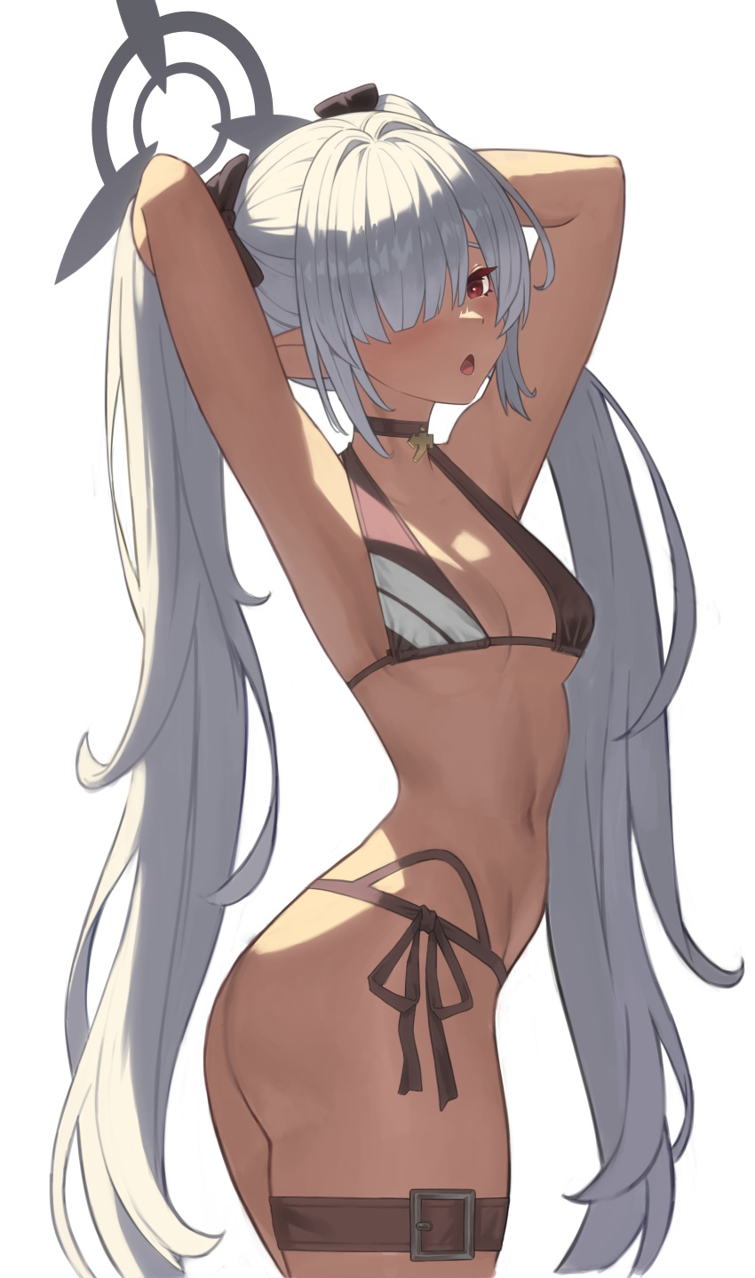 1girl absurdres armpits arms_behind_head ass belt bikini black_bikini black_halo black_ribbon blue_archive breasts brown_belt dark-skinned_female dark_skin hair_over_one_eye hair_ribbon halo highres iori_(blue_archive) iori_(swimsuit)_(blue_archive) long_hair looking_at_viewer medium_breasts mong_na official_alternate_costume open_mouth pointy_ears red_eyes ribbon side-tie_bikini_bottom simple_background solo swimsuit thigh_belt thigh_strap twintails very_long_hair white_background