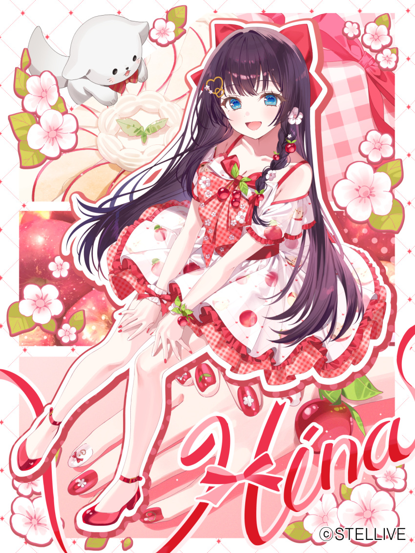 1girl :d a20_(atsumaru) animal bare_shoulders blue_eyes bow braid breasts cleavage copyright_name flower fruit_hair_ornament hair_bow hair_flower hair_ornament heart heart_hair_ornament highres looking_at_viewer official_art purple_eyes red_bow red_footwear red_nails red_ribbon ribbon shirayuki_hina smile solo stellive virtual_youtuber white_nails wrist_cuffs