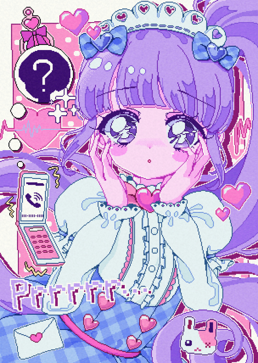 1girl :o ? absurdres blue_bow blunt_bangs blush bow cardiogram cellphone center_frills dress envelope flip_phone frilled_dress frills hair_bow hands_on_own_cheeks hands_on_own_face hands_up heart highres lolita_fashion long_hair long_sleeves looking_at_viewer maid_headdress manaka_non milon_cas open_mouth phone pixel_art plaid plaid_dress polka_dot polka_dot_background pretty_series pripara purple_eyes purple_hair rabbit retro_artstyle side_ponytail solo sparkle very_long_hair