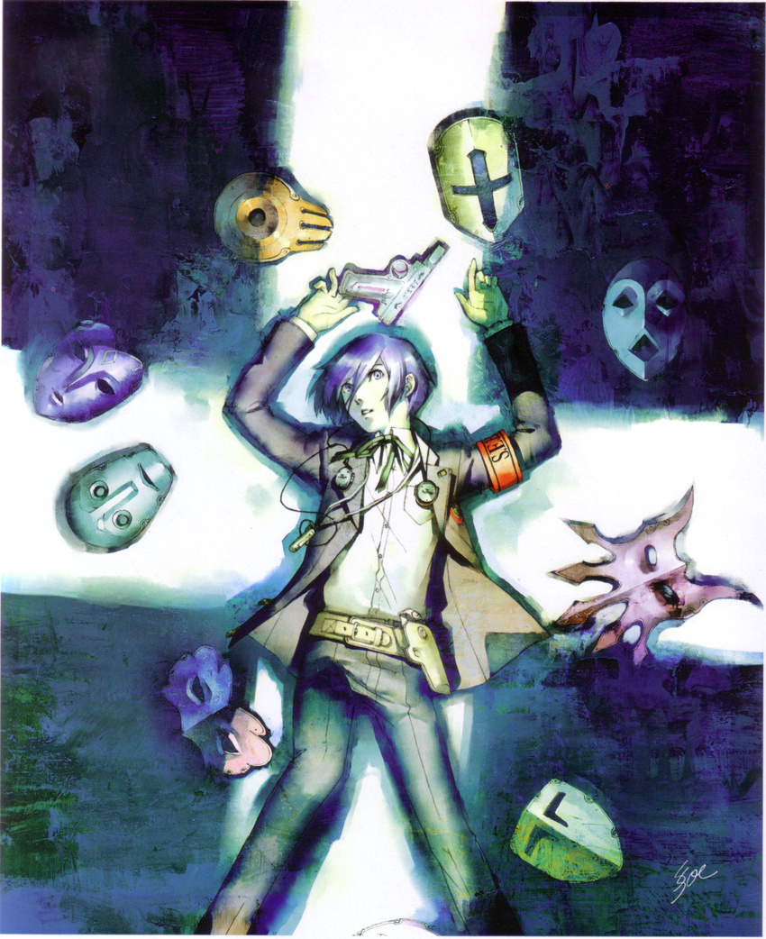 absurdres blue_eyes blue_hair digital_media_player evoker gun highres lying male_focus mask official_art persona persona_3 ribbon scan school_uniform soejima_shigenori solo weapon yuuki_makoto