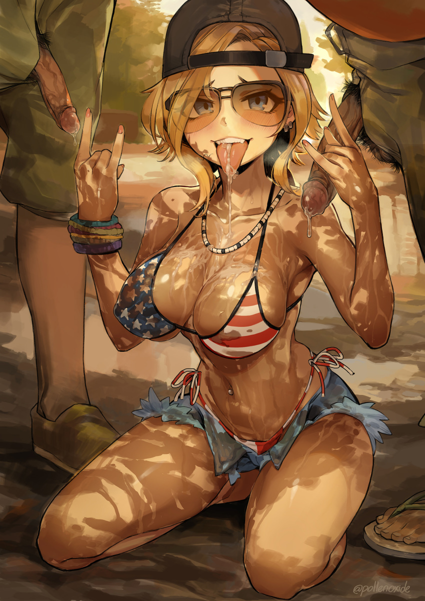 1girl 2boys \m/ absurdres american_flag_bikini bikini black_headwear black_pubic_hair blonde_hair blue_eyes breasts commentary cum cum_in_mouth cum_on_body cum_on_breasts cum_on_tongue double_\m/ english_commentary flag_print grand_theft_auto grand_theft_auto_vi hat highres jewelry large_breasts looking_at_viewer male_pubic_hair mud multiple_boys navel navel_piercing necklace penis piercing pollenoxide pubic_hair redneck_girl_(gta_vi) short_hair sitting striped striped_bikini sunglasses swimsuit teeth tongue tongue_out twitter_username uncensored upper_teeth_only wariza