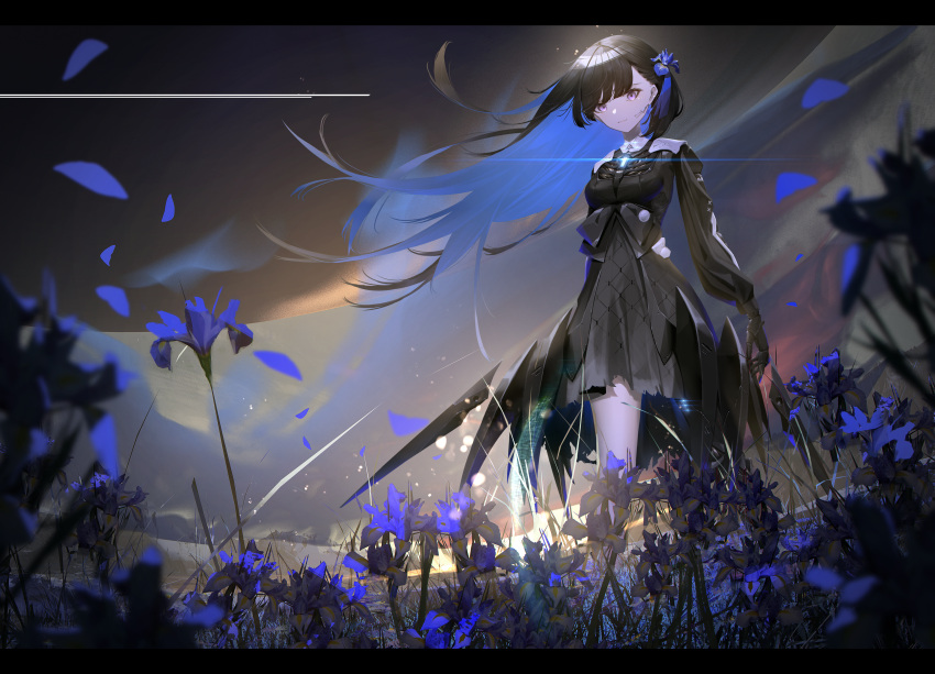 1girl absurdres armor armored_dress black_bow black_dress black_hair blue_flower blue_hair blue_petals bow cloud colored_inner_hair dangle_earrings dress dress_bow earrings falling_petals feet_out_of_frame field flower flower_field flying_teardrops hair_flower hair_ornament highres iris_(flower) jewelry joints ka11_ca letterboxed light_particles long_hair looking_at_viewer mechanical_arms mechanical_legs mountain mountainous_horizon multicolored_hair petals punishing:_gray_raven purple_eyes robot_joints selena:_tempest_(punishing:_gray_raven) selena_(punishing:_gray_raven) single_bare_leg single_earring single_mechanical_leg sky solo standing sunrise tears torn_clothes torn_dress