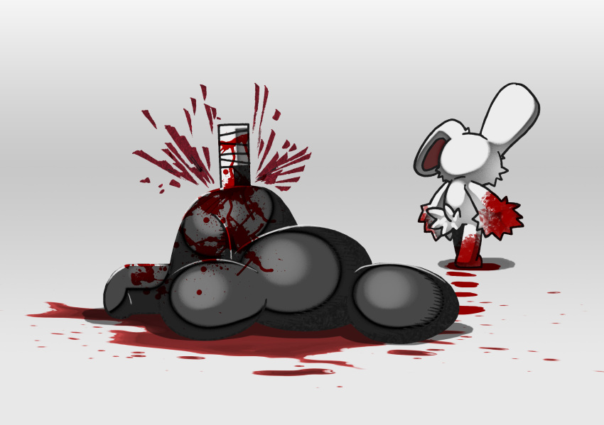 2022 2spot_studio ambiguous_gender animate_inanimate anthro black_body blood bloody_bunny bloody_bunny_(series) bodily_fluids corpse death doll duo female hi_res holding_knife holding_object jack-o'_pose jember knife lagomorph leporid living_doll looking_at_another mammal pose rabbit skull_minion_(bloody_bunny) skull_symbol stab tagme walking_away white_body