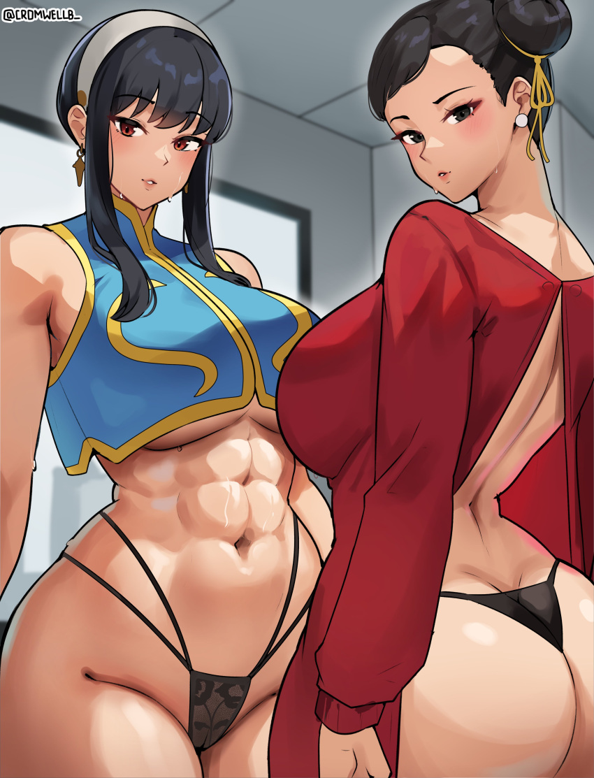 1girl 2girls abs absurdres black_hair breasts brown_hair chun-li chun-li_(cosplay) cosplay cromwellb double_bun dress earrings hair_bun hairband highleg highleg_panties highres jewelry large_breasts long_hair multiple_girls muscular muscular_female panties red_eyes red_sweater sidelocks spy_x_family street_fighter sweater underboob underwear white_hairband yor_briar yor_briar_(cosplay)