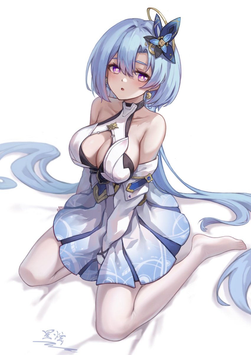 1girl absurdres bare_shoulders blue_hair breasts cleavage commentary_request detached_sleeves dress griseo highres honkai_(series) honkai_impact_3rd large_breasts long_hair long_sleeves looking_at_viewer no_shoes pantyhose parted_lips pleated_dress purple_eyes short_dress short_sleeves simple_background sitting sleeveless sleeveless_dress solo very_long_hair wariza white_background white_dress white_pantyhose yelan_xing_xuan