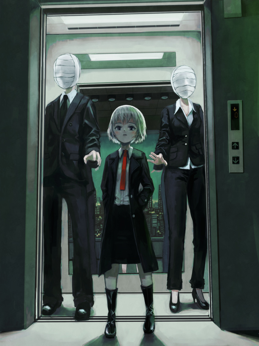 1boy 2girls bandaged_head bandages black_footwear black_jacket black_necktie black_pants black_skirt boots collared_shirt elevator formal full_body grey_eyes grey_hair hands_in_pockets high_heels highres jacket multiple_girls necktie okura_lino original pants red_necktie scenery shirt short_hair skirt standing suit suit_jacket