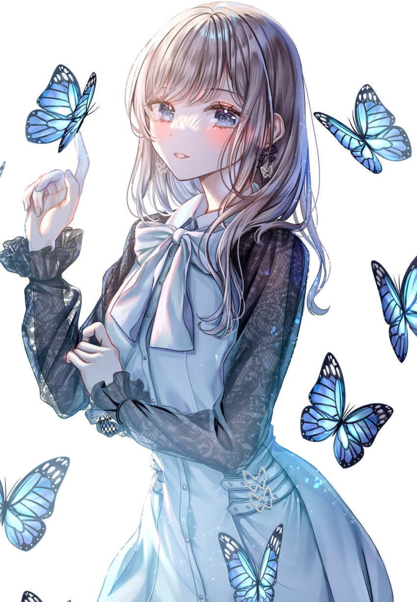 1girl black_shirt blue_butterfly blue_eyes blush bow bowtie bug butterfly butterfly_earrings butterfly_on_hand dress earrings grey_hair hand_up highres jewelry long_hair looking_at_viewer original parted_bangs parted_lips sakura_(39ra) see-through see-through_sleeves shirt simple_background solo upper_body white_background white_bow white_bowtie white_dress