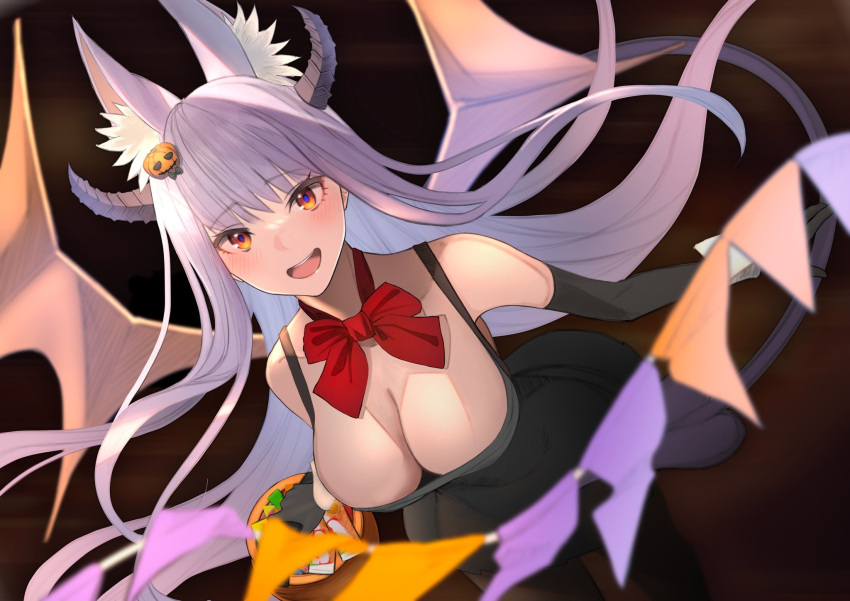 1girl :d animal_ear_fluff animal_ears bare_shoulders black_dress black_gloves blush bow breasts cleavage demon_horns demon_tail dress elbow_gloves fox_ears gloves hair_ornament halloween halloween_costume highres horns indie_virtual_youtuber jack-o'-lantern kamishiro_natsume kitsune large_breasts long_hair looking_at_viewer open_mouth orange_eyes purple_hair red_bow sleeveless sleeveless_dress smile solo tail teeth upper_teeth_only virtual_youtuber wings yuuhi_(yuuvi83)