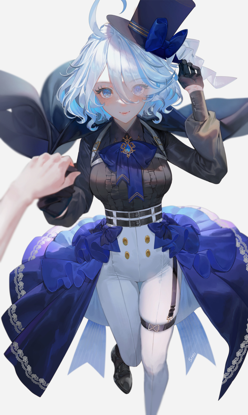 1girl absurdres adjusting_clothes adjusting_headwear alternate_costume artist_name belt black_belt black_cape black_gloves black_headwear black_shirt blue_bow blue_brooch blue_gemstone blue_hair blue_skirt bow breasts cape chest_harness collared_shirt cowlick drop-shaped_pupils eyes_visible_through_hair feet_out_of_frame furina_(genshin_impact) gem genshin_impact gloves hair_between_eyes hand_grab harness hat hat_bow heterochromia high-waist_pants highres large_breasts leg_up light_blue_hair looking_at_viewer mismatched_pupils pants shei99 shirt sidelocks skirt smile solo_focus thigh_belt thigh_gap thigh_strap top_hat wavy_hair white_background white_pants